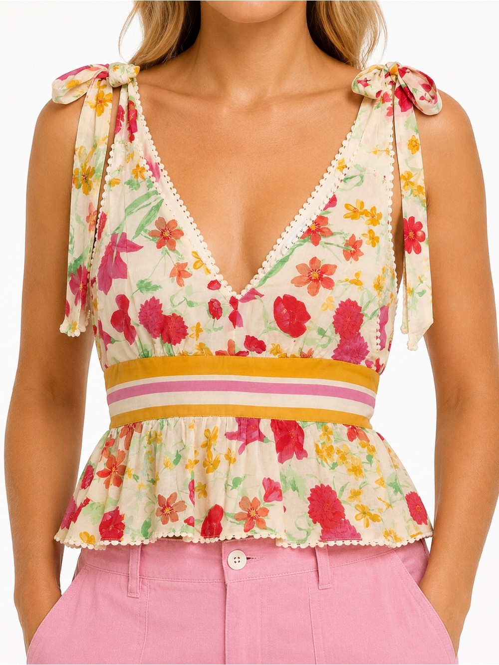 Francesca's Collections Pink and Yellow Floral Tie-Shoulder Peplum Camisole